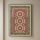 Detailed Islamic geometric art featuring floral patterns in pink, yellow, gold, and green.