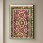 Detailed Islamic geometric art featuring floral patterns in pink, yellow, gold, and green.