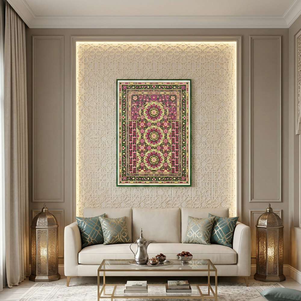 Modern living room with a decorative art on the wall, sofa, and coffee table.