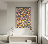 Colorful abstract wall art in a modern living room with a white console table and decorative items.