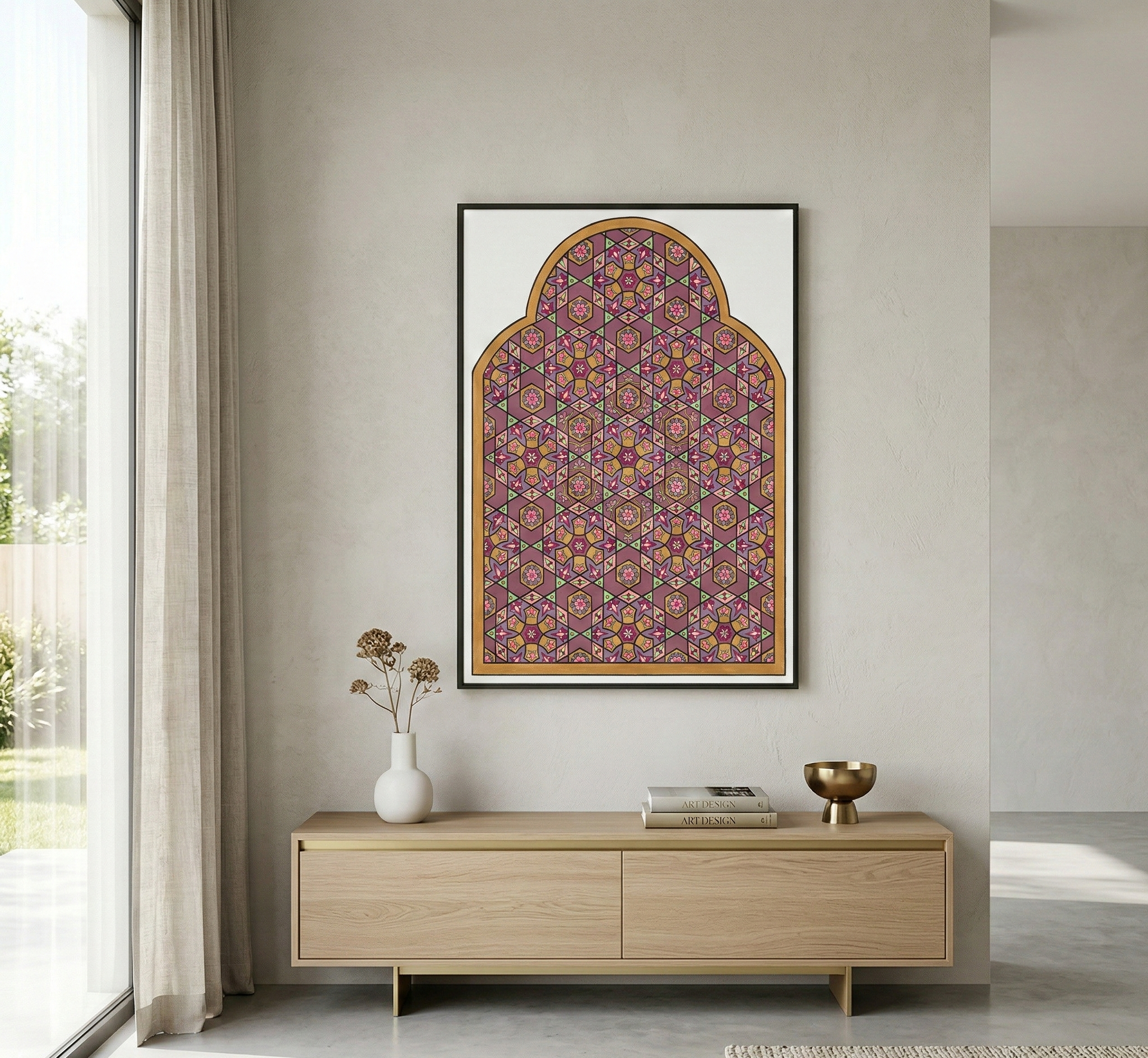 Decorative wall art above a wooden console table in a modern room.