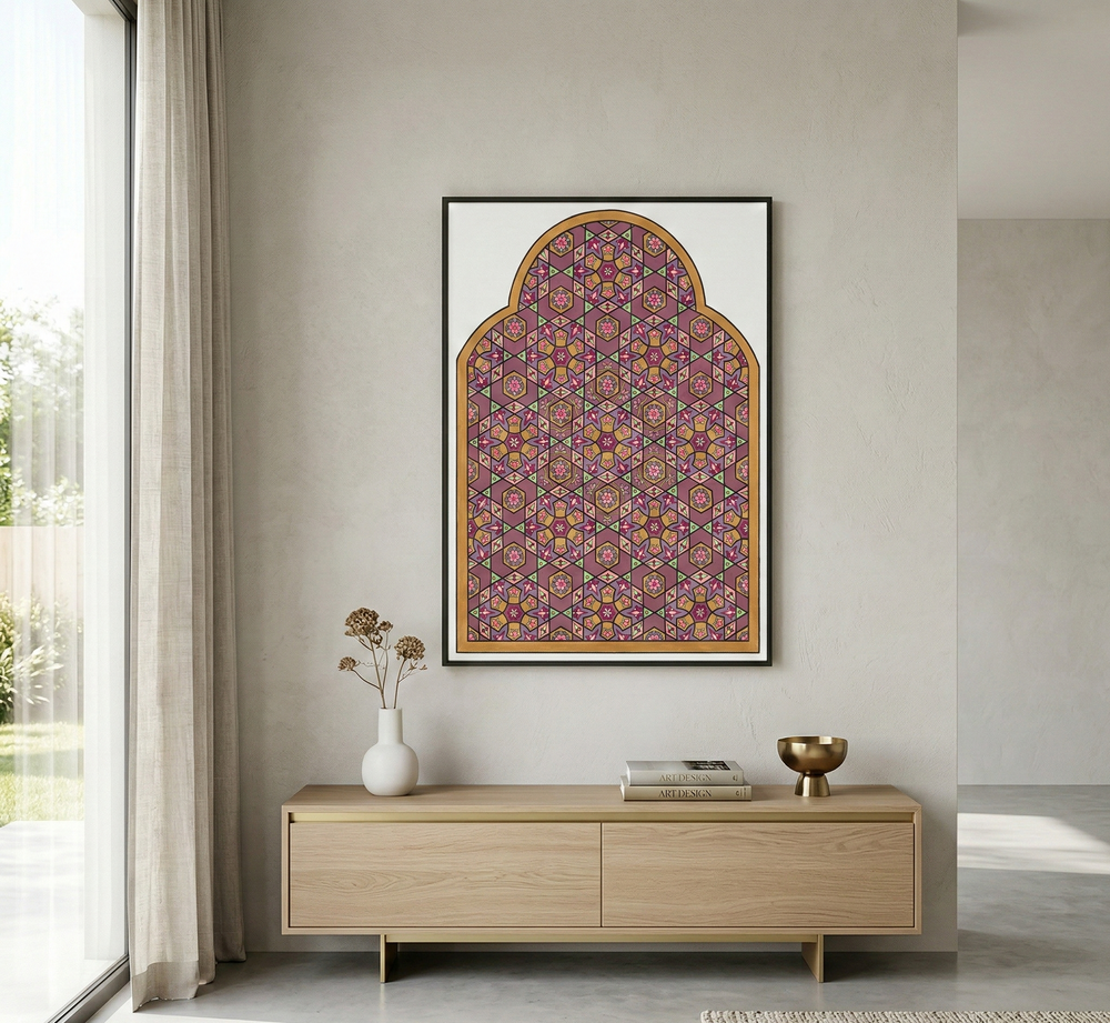 Decorative wall art above a wooden console table in a modern room.