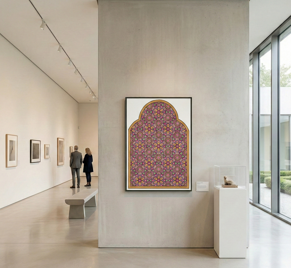 Art gallery with a large framed artwork on a wall, people in the background
