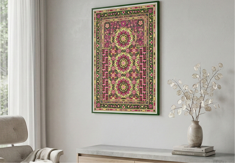 Modern living room with a decorative rug, armchair, and wall art.