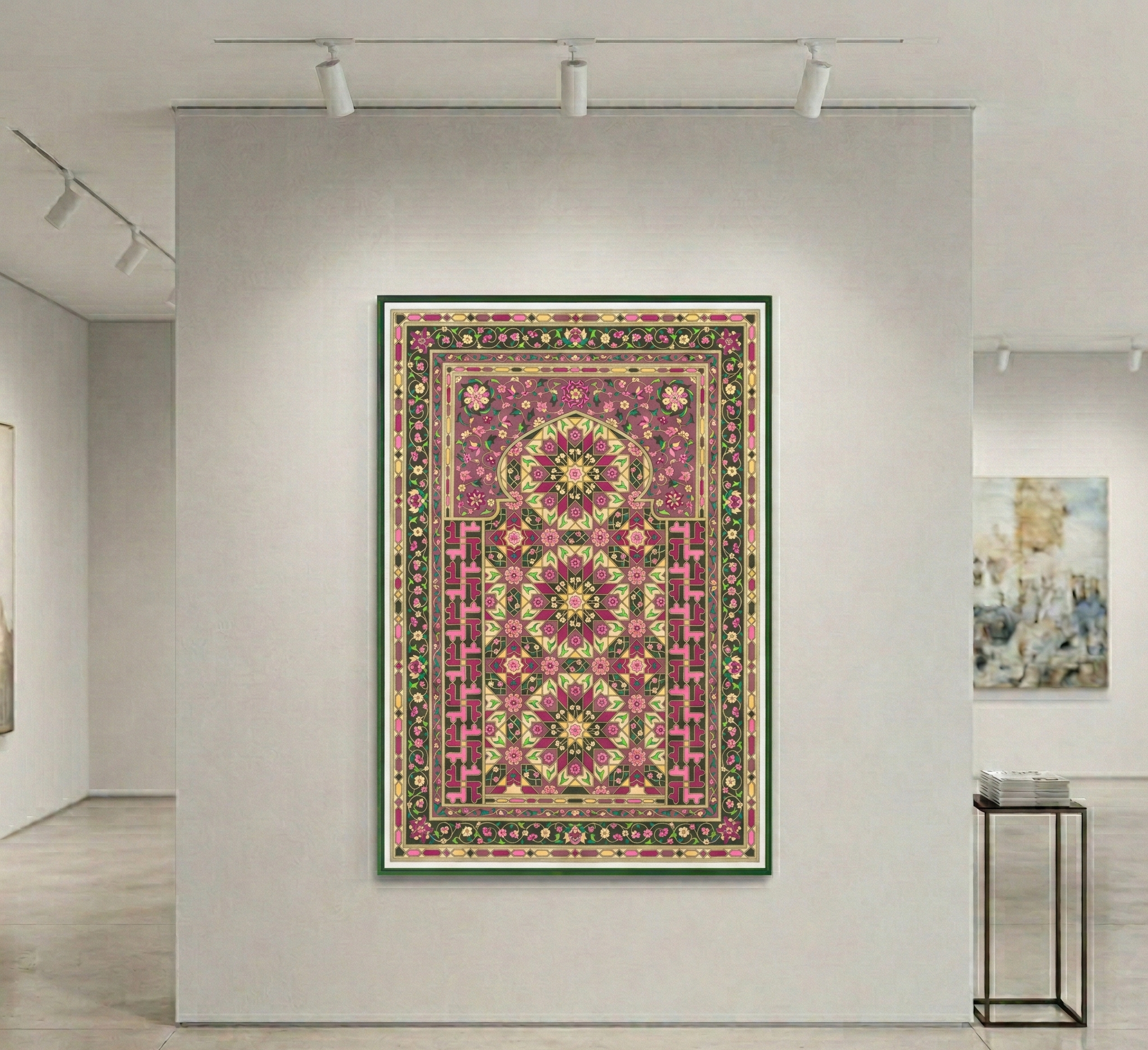 Decorative art with intricate patterns on a wall in an art gallery setting.