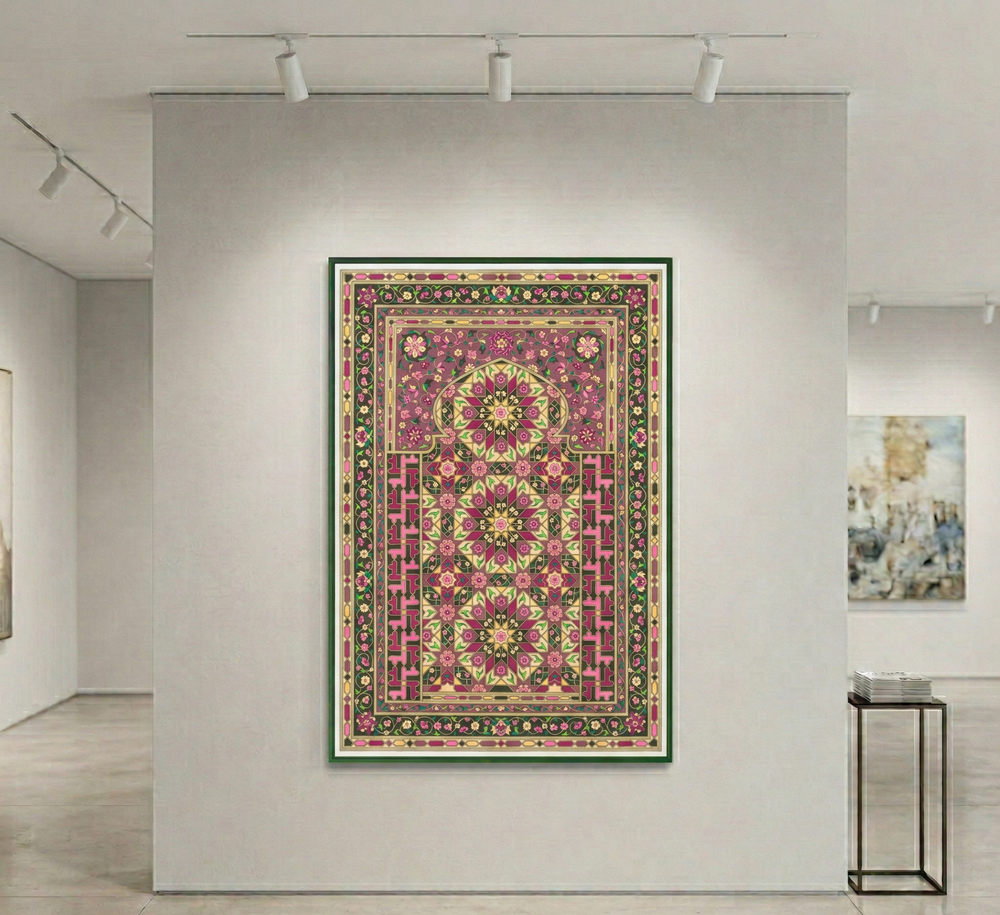 Decorative art with intricate patterns on a wall in an art gallery setting.