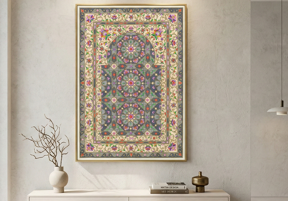 Decorative art with intricate patterns hanging on a wall in a modern living room.