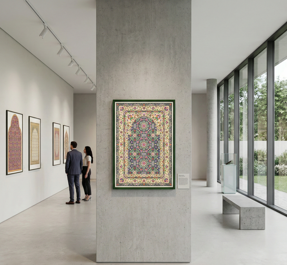 Art gallery with framed artworks on the wall, including a large floral-patterned art.