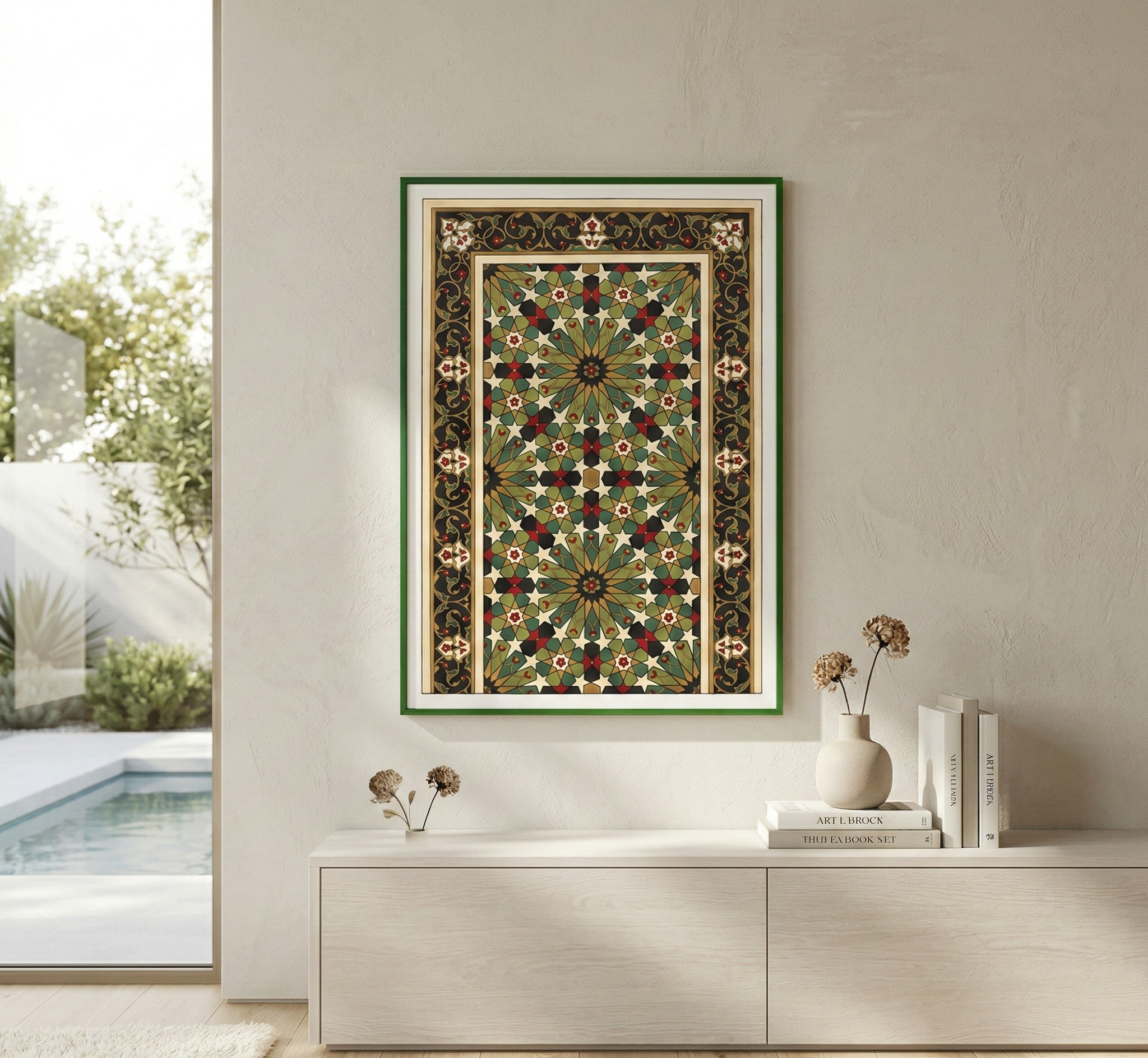 Decorative framed artwork on a wall with a modern interior setting.