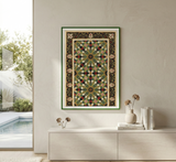 Decorative framed artwork on a wall with a modern interior setting.