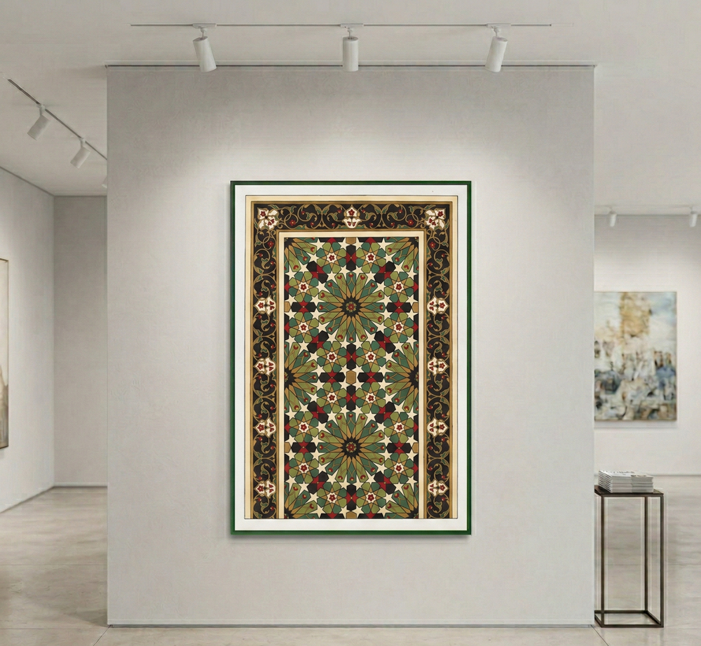Decorative art with intricate patterns in a frame, displayed in an art gallery setting.