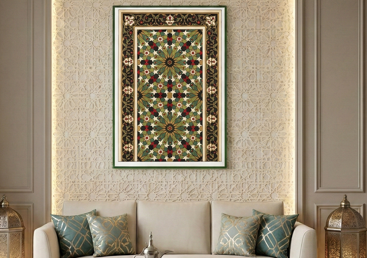 Modern living room with a decorative wall art piece, sofa, and coffee table.