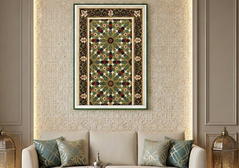 Modern living room with a decorative wall art piece, sofa, and coffee table.