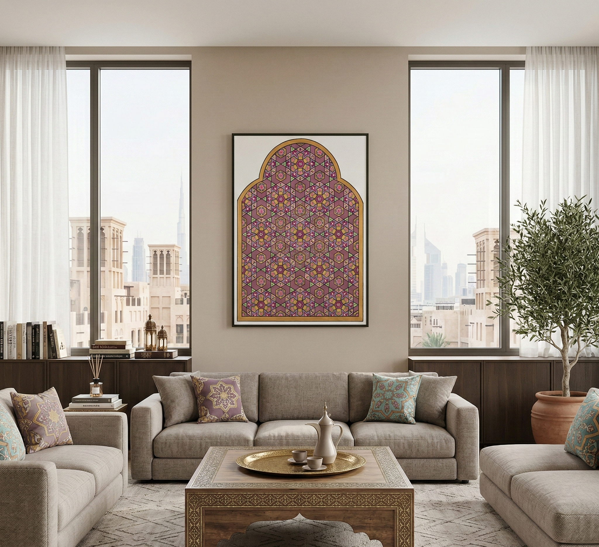 Living room with beige sofa, coffee table, and decorative wall art.