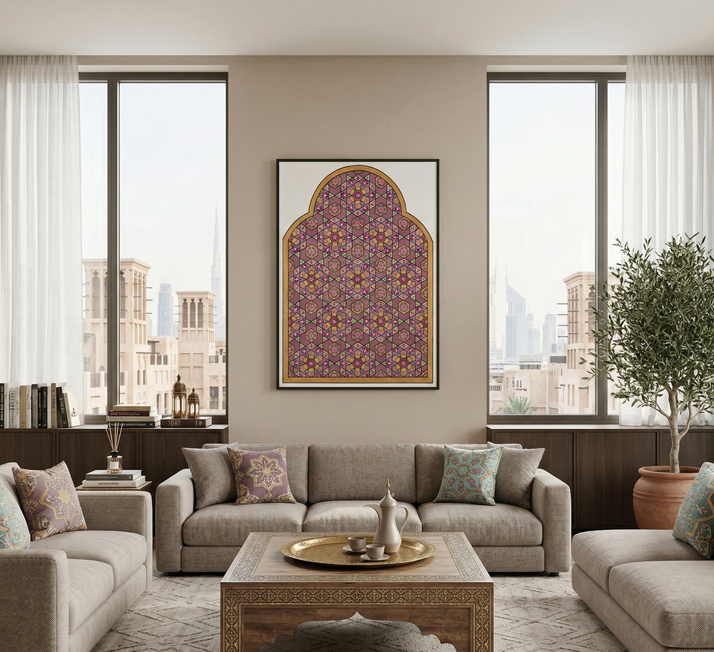Living room with beige sofa, coffee table, and decorative wall art.