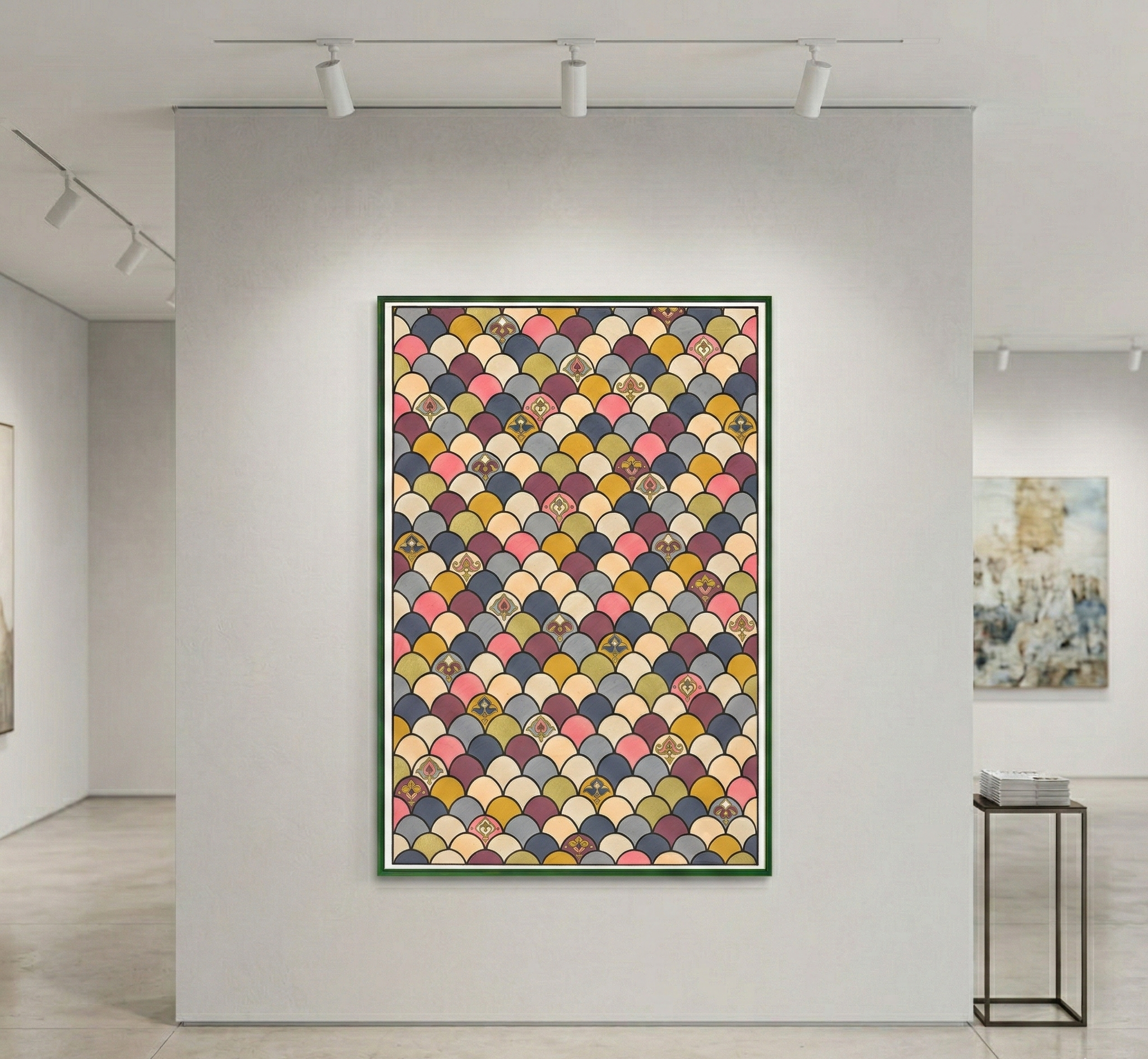 Colorful abstract art piece on a white wall in an art gallery.