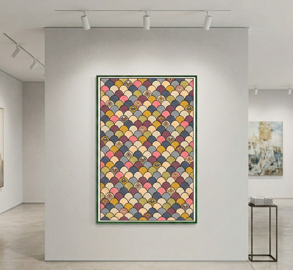 Colorful abstract art piece on a white wall in an art gallery.