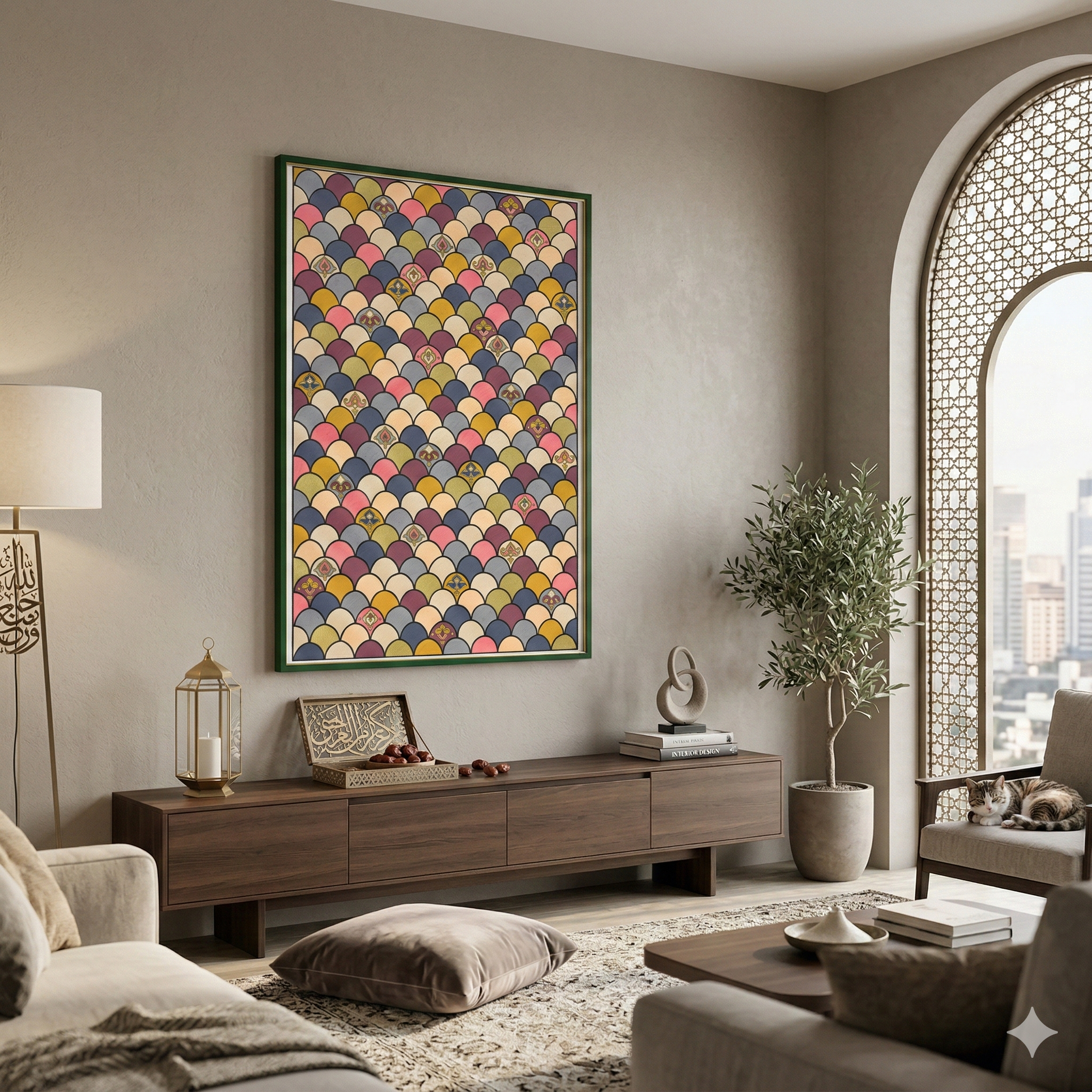 Living room with a colorful abstract painting on the wall, wooden sideboard, and decorative items.