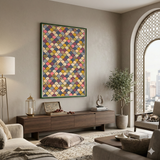Living room with a colorful abstract painting on the wall, wooden sideboard, and decorative items.