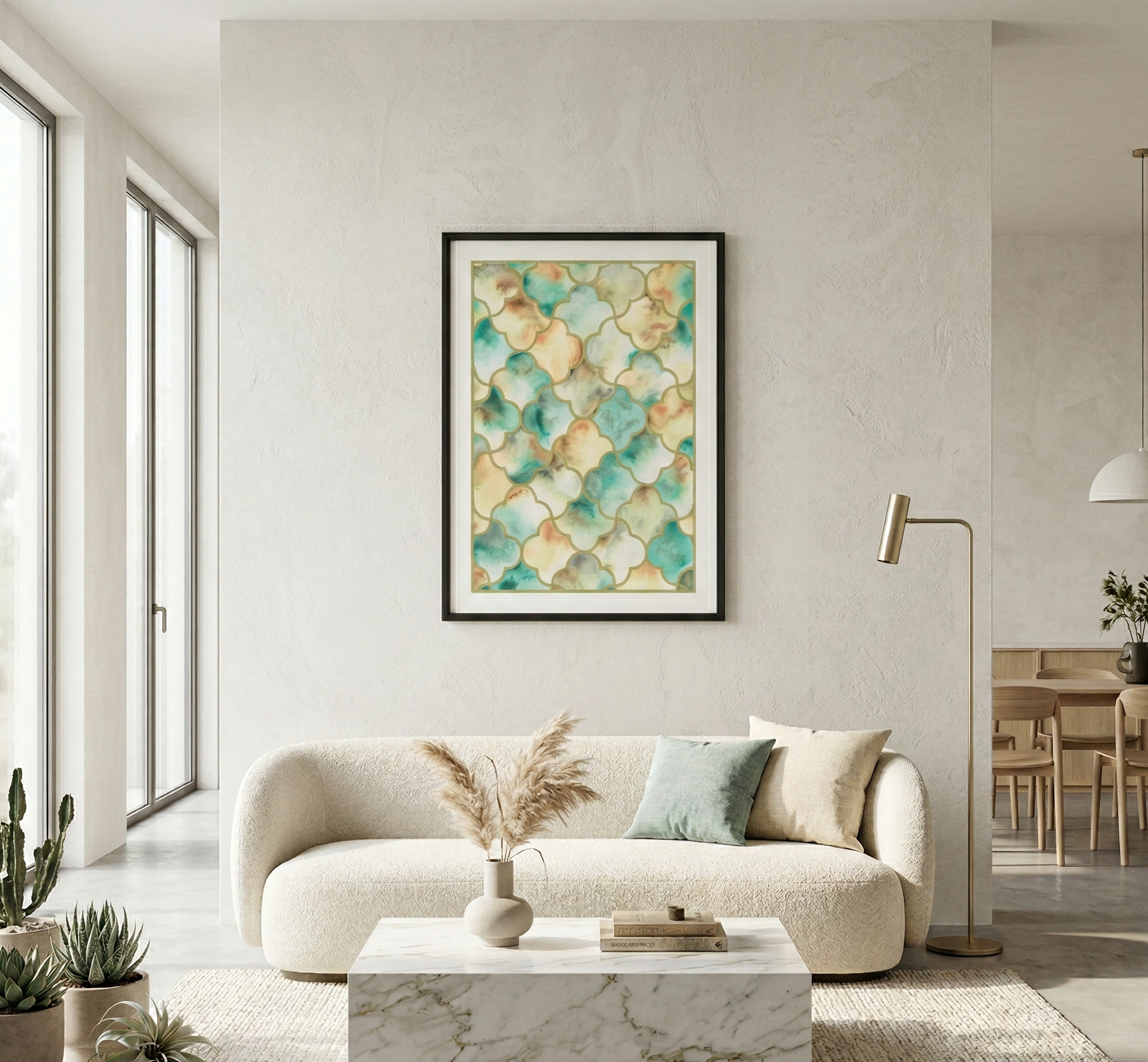 Modern living room with a beige sofa, marble coffee table, and abstract art on the wall.