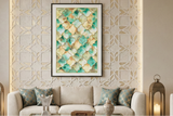 Living room with a beige sofa, decorative pillows, and a wall art piece.