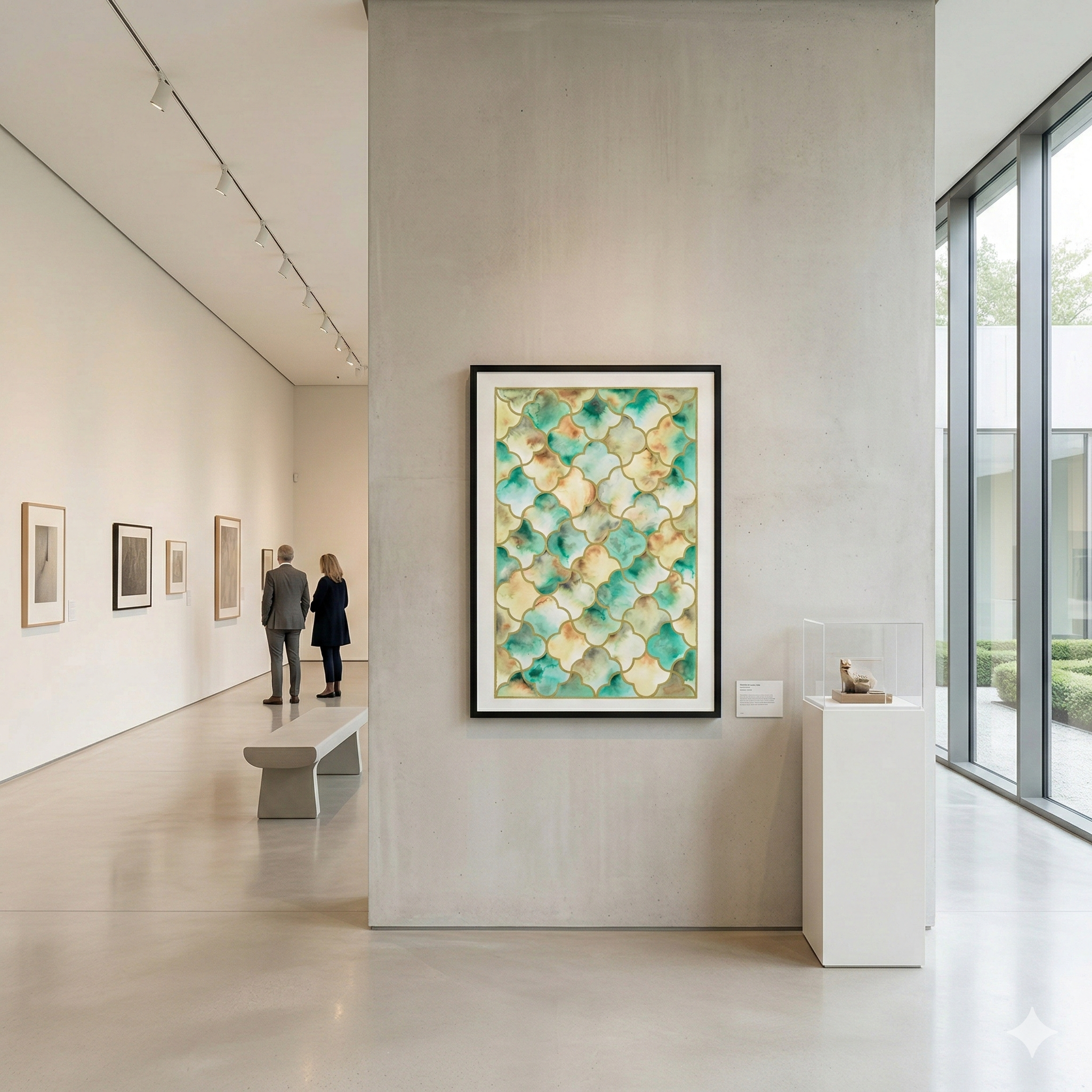 Modern art gallery with a colorful abstract painting on a wall.